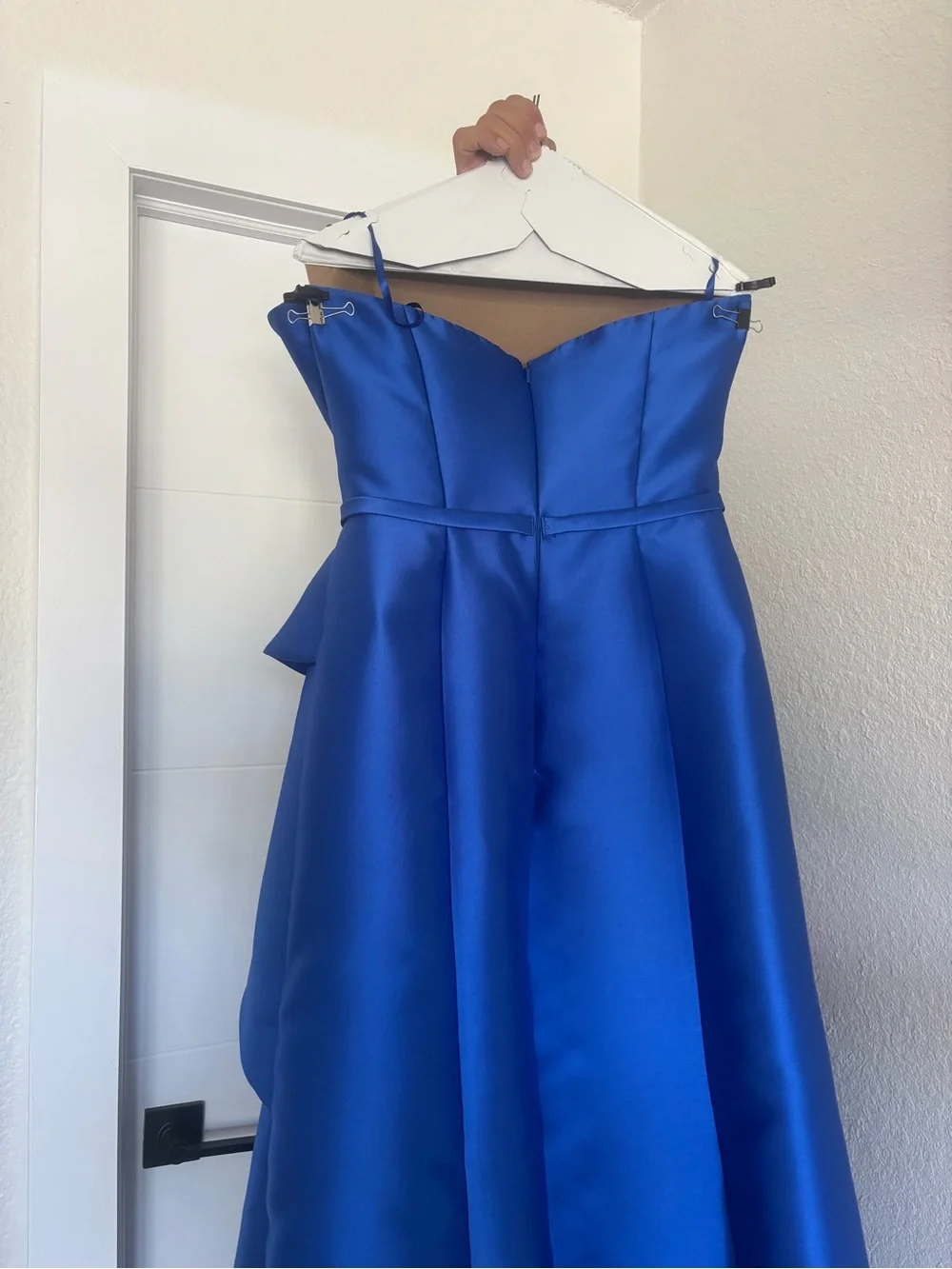 Rene Ruiz Strapless Cobalt Blue Satin A-Line Dress with Side Cascade